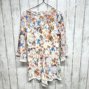 Entro Romper Women S White Floral Fit & Flare Ruffle Short Bell Sleeve Lace Trim